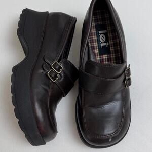 Vintage L.E.I. Brown Faux Leather Chunky Platform Mules Loafers Side Buckle